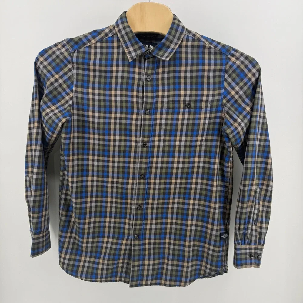 The North Face Mens Plaid Long Sleeve Button‎ Down Shirt Blue Green Tan Medium